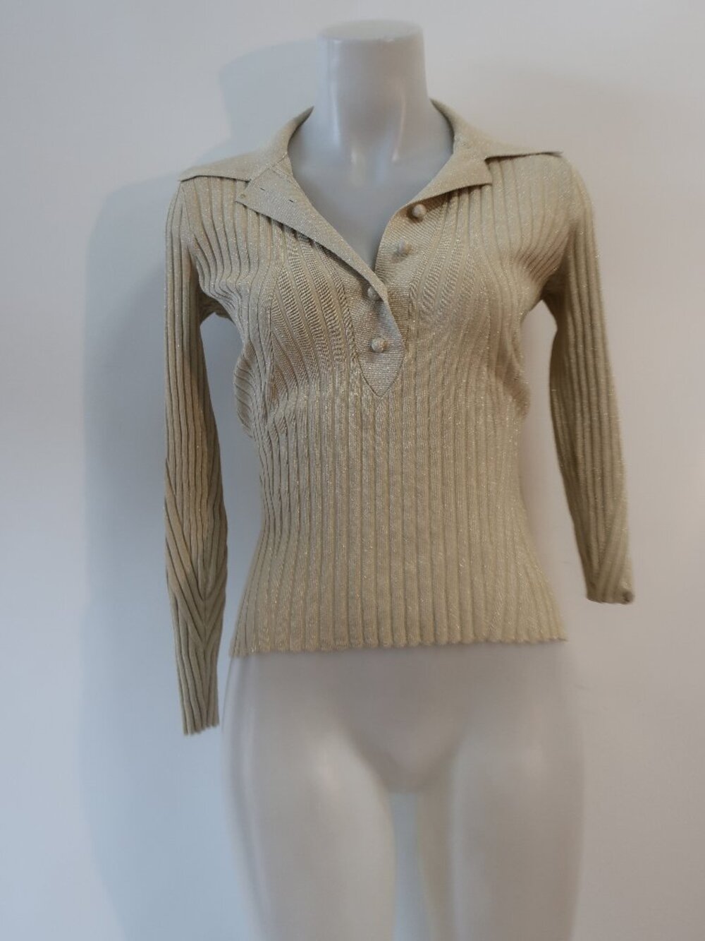 Womens Zimmermann Gold Ribbed Metallic Semi Button Collared Top 2/M